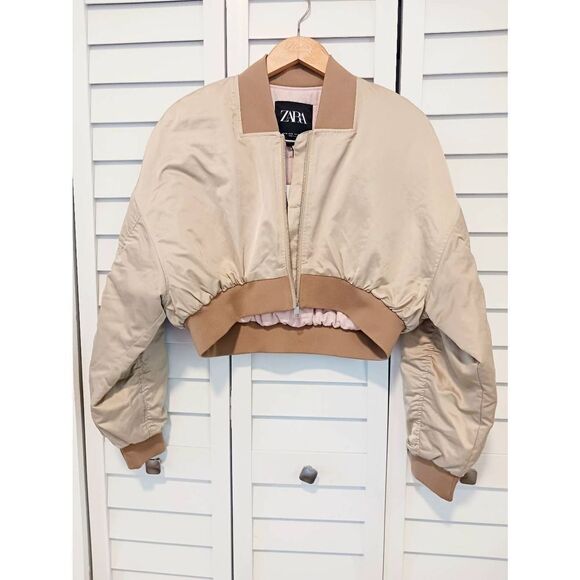 Zara NWT Bomber Jacket Satin Crop Champagne Bomber Mid ' Ecru Size M - Picture 1 of 6